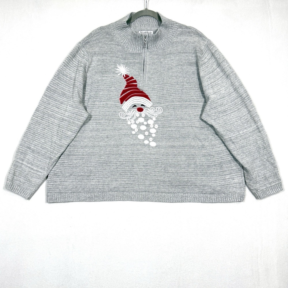 Vintage Christmas Sweater Women 3X Santa Embroidered Buttons Artsy Mock Neck Zip